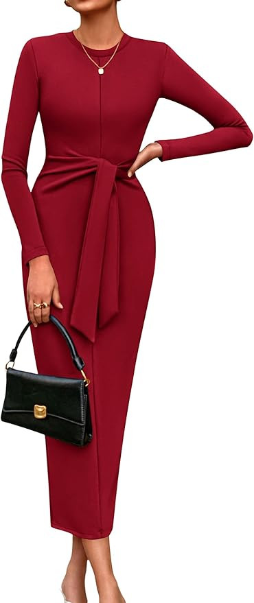 PRETTYGARDEN Women's 2025 Wedding Guest Midi Dresses Semi Formal Long Sleeve Bodycon Tie Waist Co... | Amazon (US)