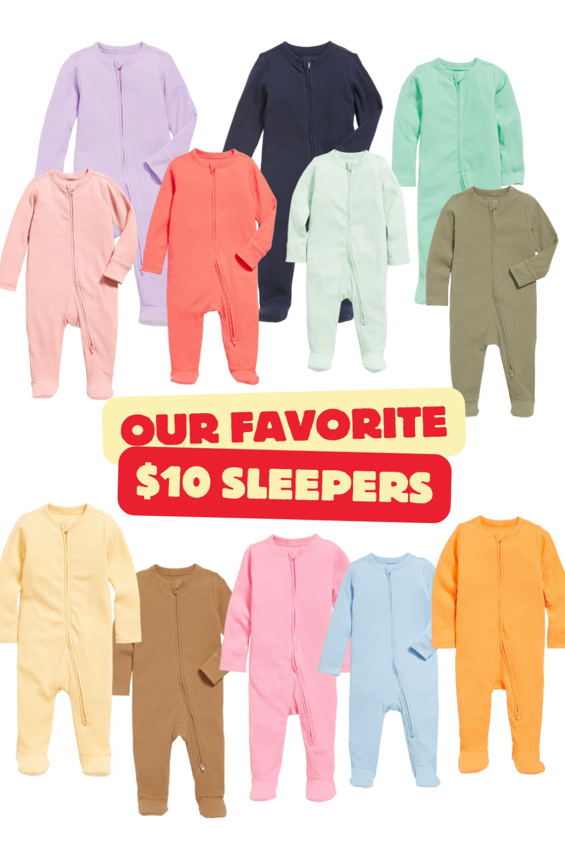 Our favorite ribbed baby sleepers. 2 way zippers. 14 colors. Ribbed. Super soft, stretchy, and comfy! And only $10 each at Old Navy! #babyproducts #babysleepers #babyclothes #oldnavy 