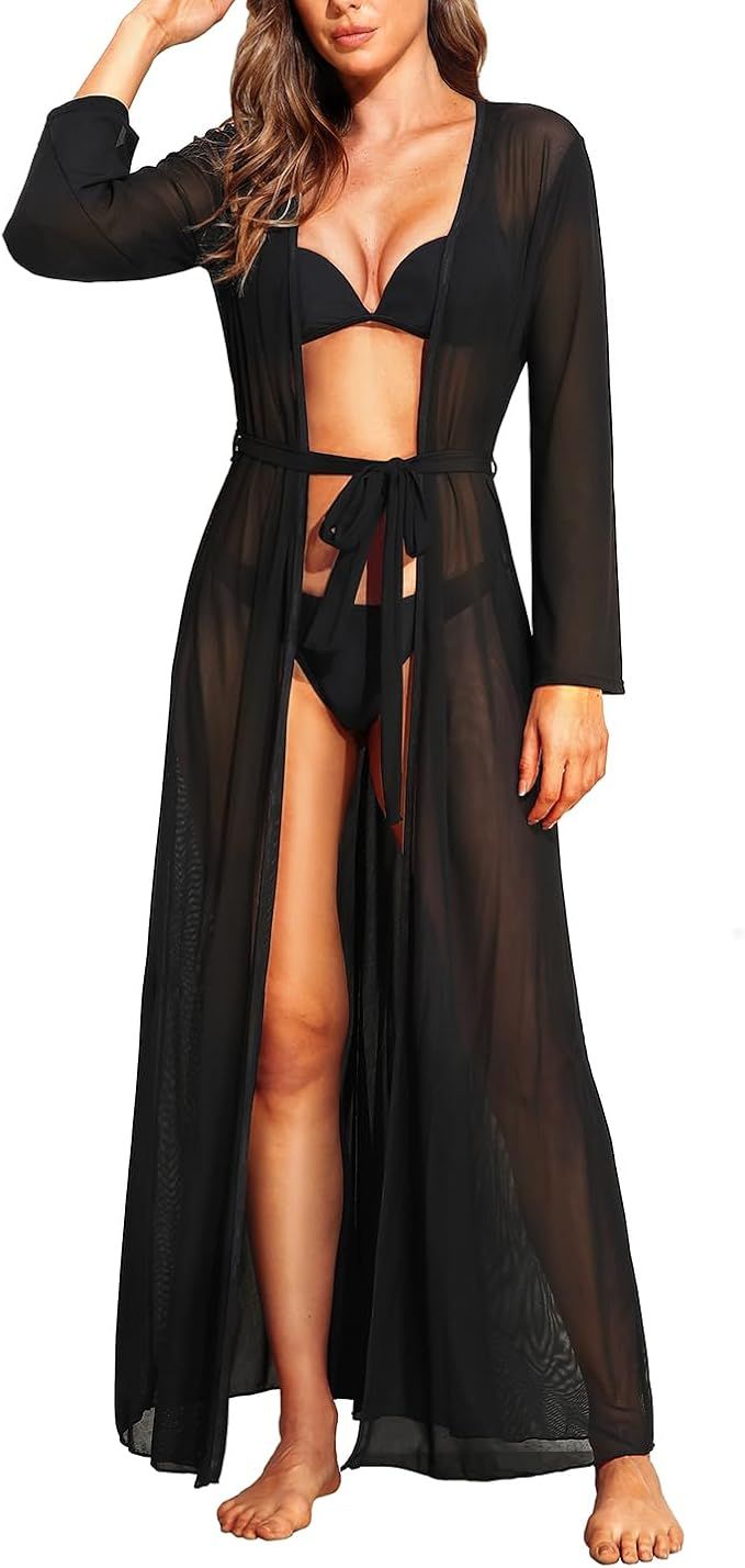 Womens Sexy Sheer Long Sleeve Kimono Cardigan See Through Tie Open Front Mesh Cover Up | Amazon (US)