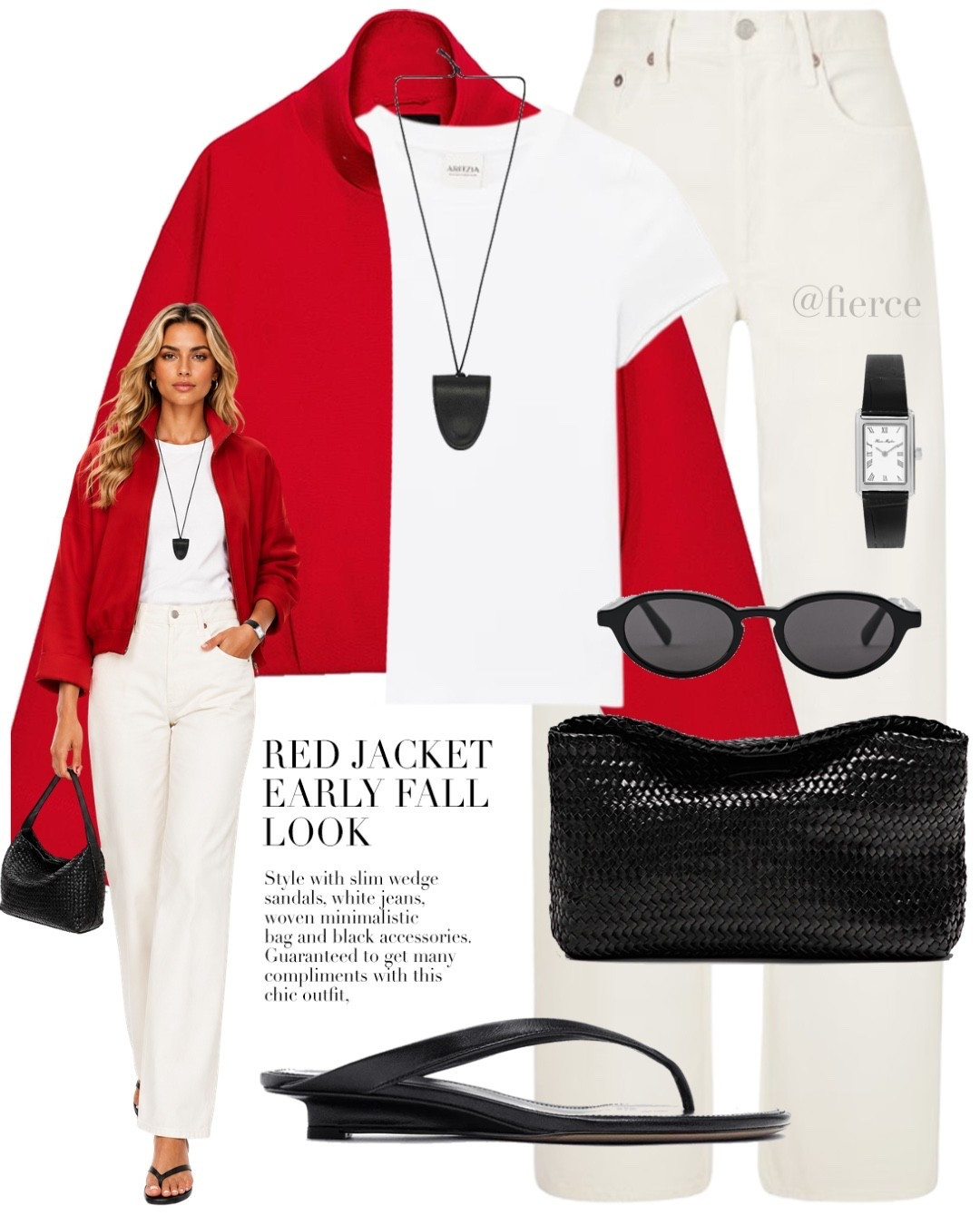 Red funnel neck jacket white jeans black woven bag black slim wedge sandals chic outfit

#LTKuk #LTKautumn #LTKeurope