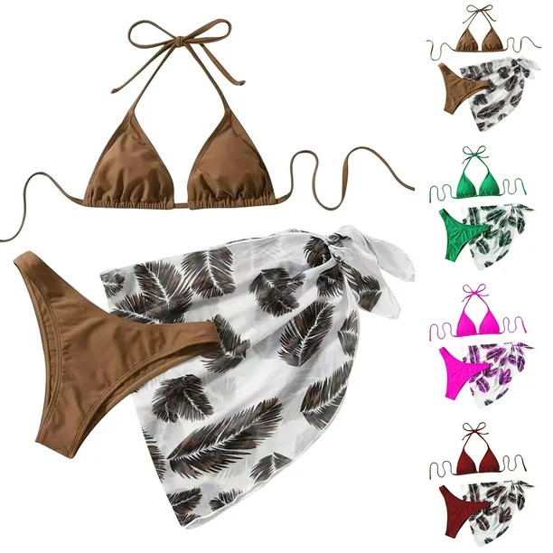 Cethrio Women's 3 Piece Swimsuits Sun Print Halter Triangle Tie Side Bikini Bathing Suit with Cov... | Walmart (US)