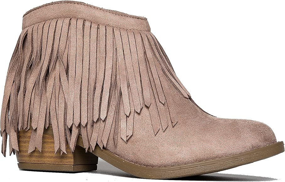 Soda Fringe Ankle Boot- Western Cowgirl Closed Toe Bootie - Low Heel Casual Comfortable Cowboy Wa... | Amazon (US)