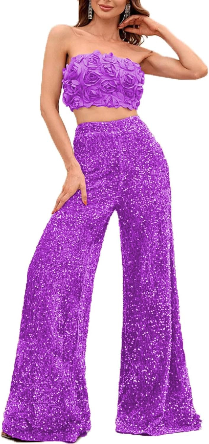 NOYIVA 2 Piece Set 3D Flower Strapless Crop Tube Top Prom Tops High Waist Sequin Flare Leg Pants ... | Amazon (US)
