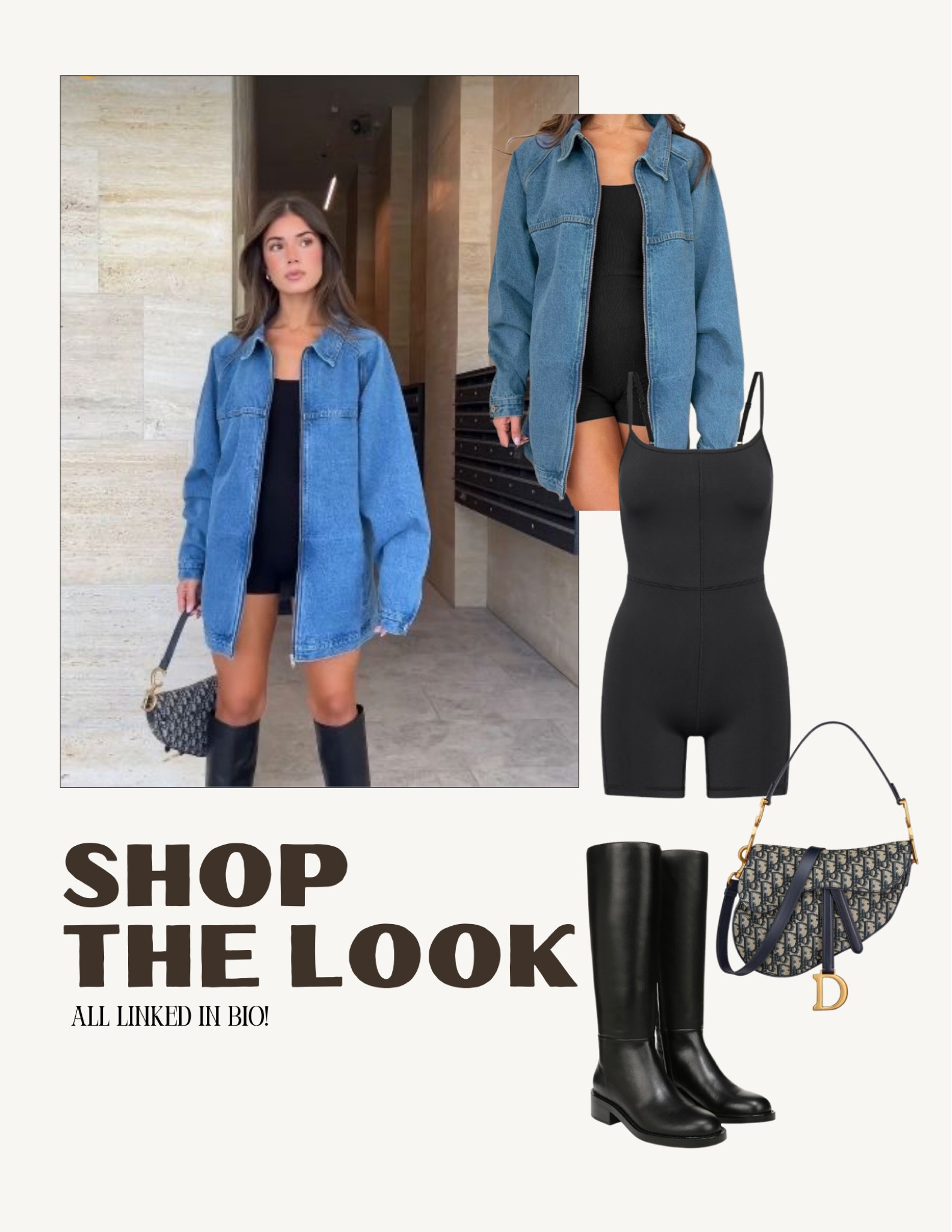 Fall Outfit Inspo: oversized denim jacket, black romper/jumpsuit, saddle bag, black riding boots/black knee high boots

#LTKStyleTip #LTKShoeCrush #LTKSeasonal