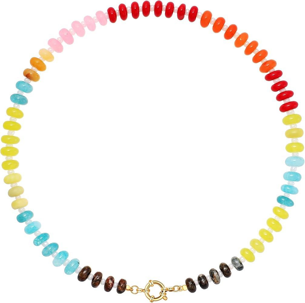 Colorful Beaded Gemstone Necklace for Women, Boho Rainbow Bead Choker with Natural Stone Crystal ... | Amazon (US)