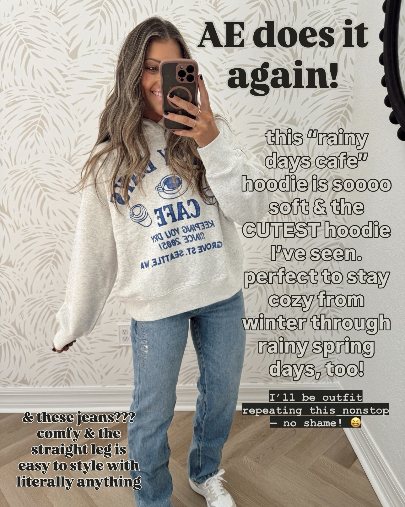 My latest @americaneagle order is all a keep… darn! 😉 these looks are perfect for being cozy comfy this January, all the way through spring! Don’t know what to wear January, February & March? Easy. Elevated sweatshirts, comfy jeans & cute matching sets. ☑️ these finds check all the boxes! I’m wearing a 0 in both jeans (reg length in non-distressed, short length in distressed pair), and XS in every item except the “rainy days” hoodie— I did a S in that for an oversized fit. #AEJeans #AEPartner 