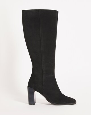 Mao Suede Square Toe Heeled Knee Boots Ex Wide Fit Standard Calf | Simply Be (UK)