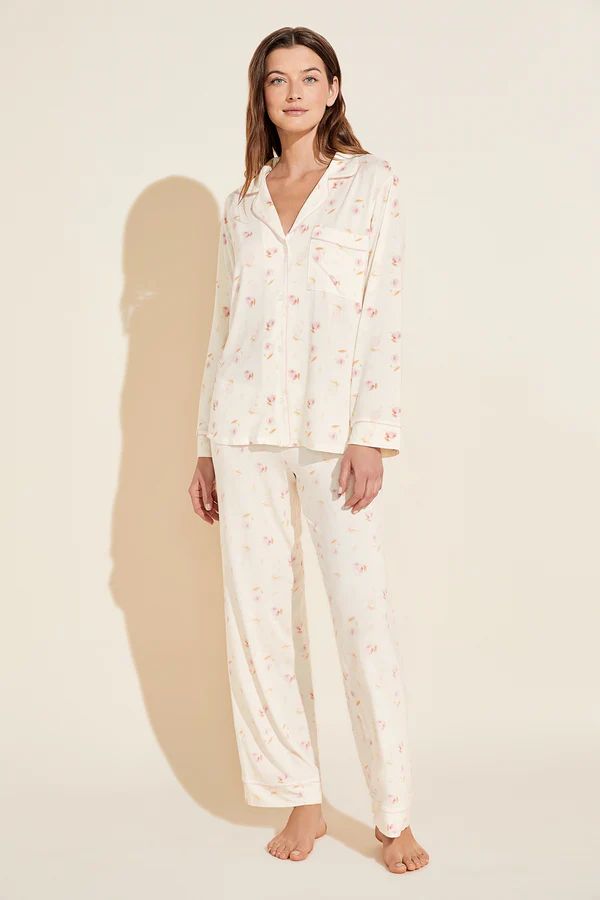 Gisele Printed TENCEL™ Modal Long PJ Set - Tulip Off White/Light Lilac | Eberjey