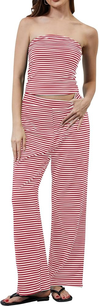 Women’s 2 Piece Sets Striped Summer Matching Outfits Strapless Crop Tube Top and Wide Leg Pants... | Amazon (US)