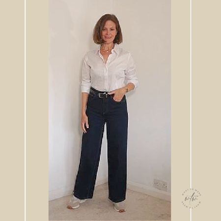 Classic white shirt outfit with a modern twist. These wide legs are incredibly comfortable; supportive around the middle and loose around the tops of the legs #fashionover50 #styleover50