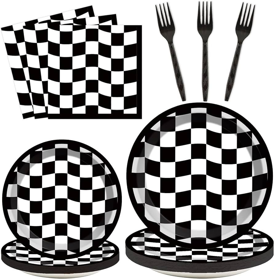 96 Pieces Black and White Checkered Tableware Set for Race Sports Themed Table Supplies Decoratio... | Amazon (US)