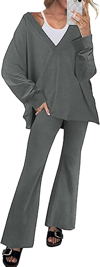 Lviefent Womens Long Sleeve Two Piece Outfits V Neck Reversible Overzised Top Yoga Pants Matching... | Amazon (US)