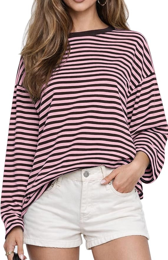 CHYRII Women Oversized Striped Long Sleeve T Shirt Fashion 2026 Crewneck Casual Fall Spring Tops ... | Amazon (US)