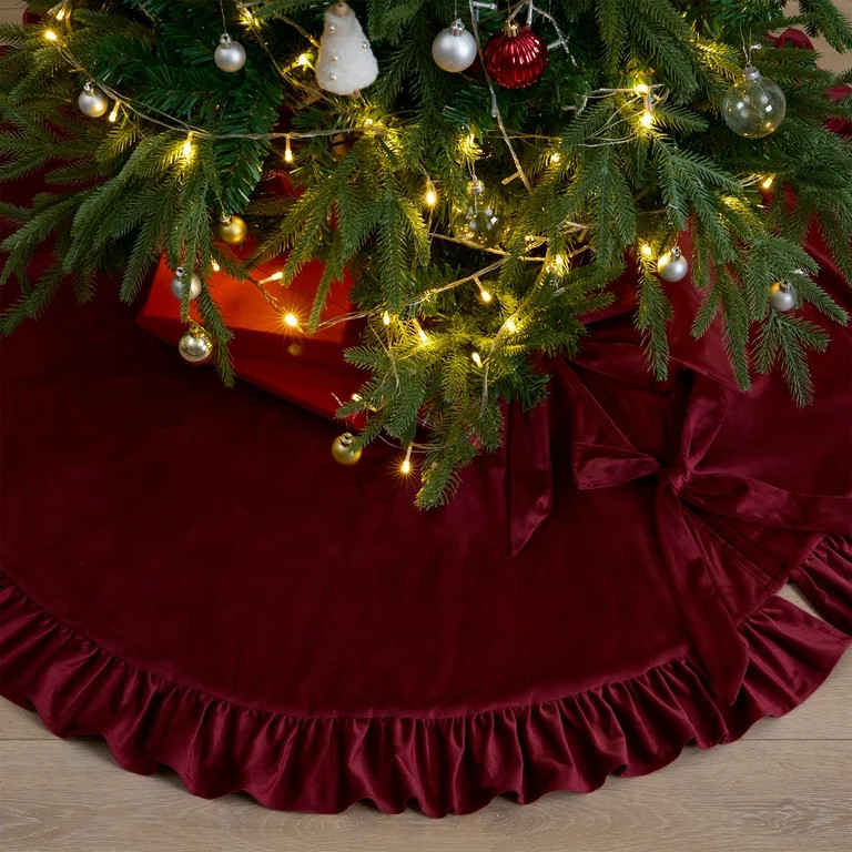 Red Ruffle Velvet Christmas Tree Skirt, 52", by My Texas House - Walmart.com | Walmart (US)
