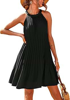 PRETTYGARDEN Women's Cute Halter Neck Sleeveless Mini Dress Solid Color Flowy Pleated Beach Dress... | Amazon (US)