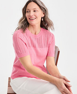 Women's Short-Sleeve Pointelle Lurex Sweater, Macy's Exclusive | Macy's