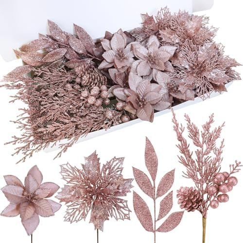 Winlyn 35 Pcs Christmas Artificial Poinsettia Flowers Picks and Artificial Leaves Sprays Rose Gol... | Amazon (US)