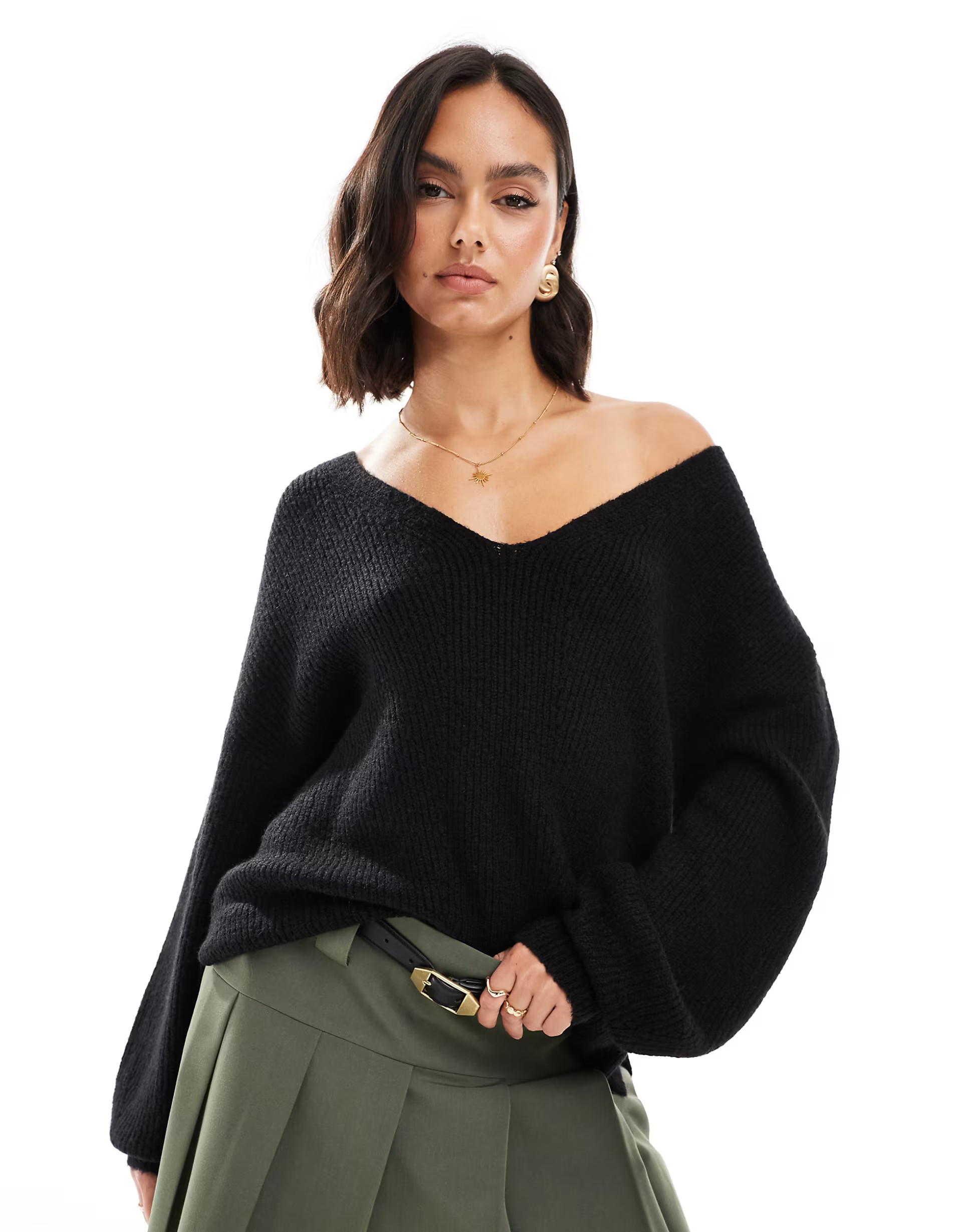 Threadbare fluffy v-neck slouchy jumper in black | ASOS (Global)