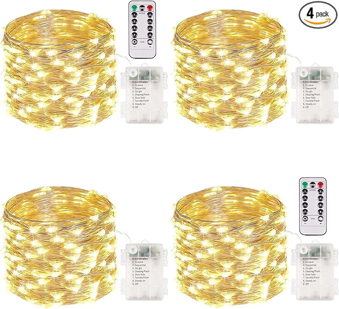 4-Pack 33FT 100 LED Fairy Lights Battery Operated with Remote & Timer, Waterproof Twinkle String ... | Amazon (US)