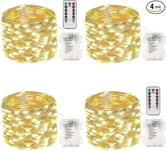 4-Pack 33FT 100 LED Fairy Lights Battery Operated with Remote & Timer, Waterproof Twinkle Christm... | Amazon (US)