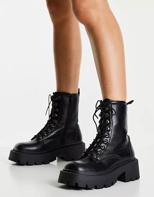 Truffle Collection square toe chunky lace up boots in black | ASOS (Global)
