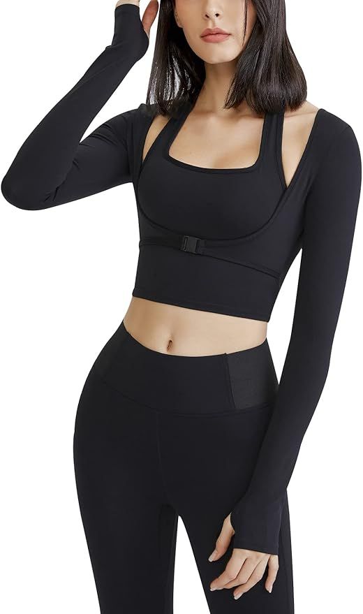 Gihuo Long Sleeve Cutout Yoga Tops Sports Tees Crop Tops T Shirt for Women Workout | Amazon (US)
