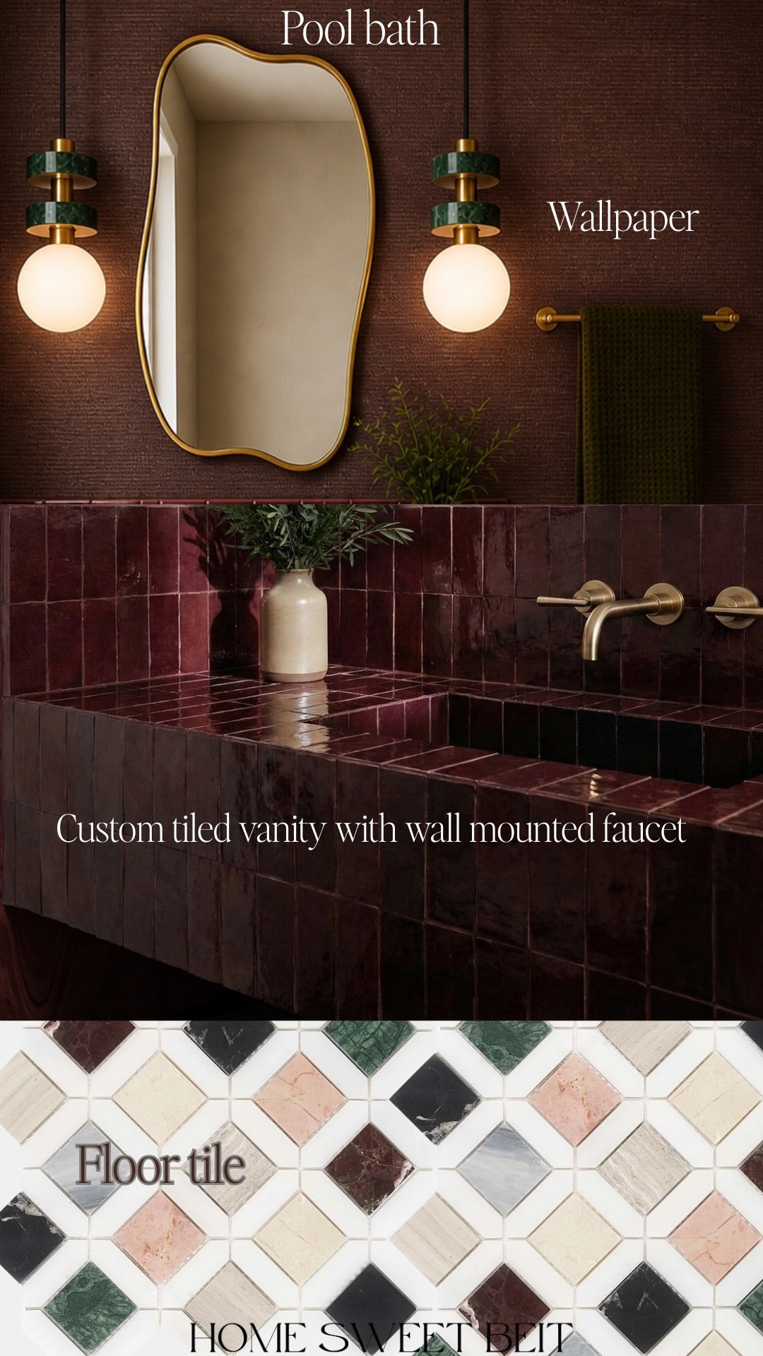 Finally semi out of my decision fatigue, and getting around to designing and finalizing my pool bath, and so far this is what I came up with! ￼

Tile burgundy, maroon marble, half bath, master bath powder, room powder bath moody, bathroom, colorful, red marble wall faucet 
￼

#LTKdayinmylife #LTKHome #LTKSaleAlert