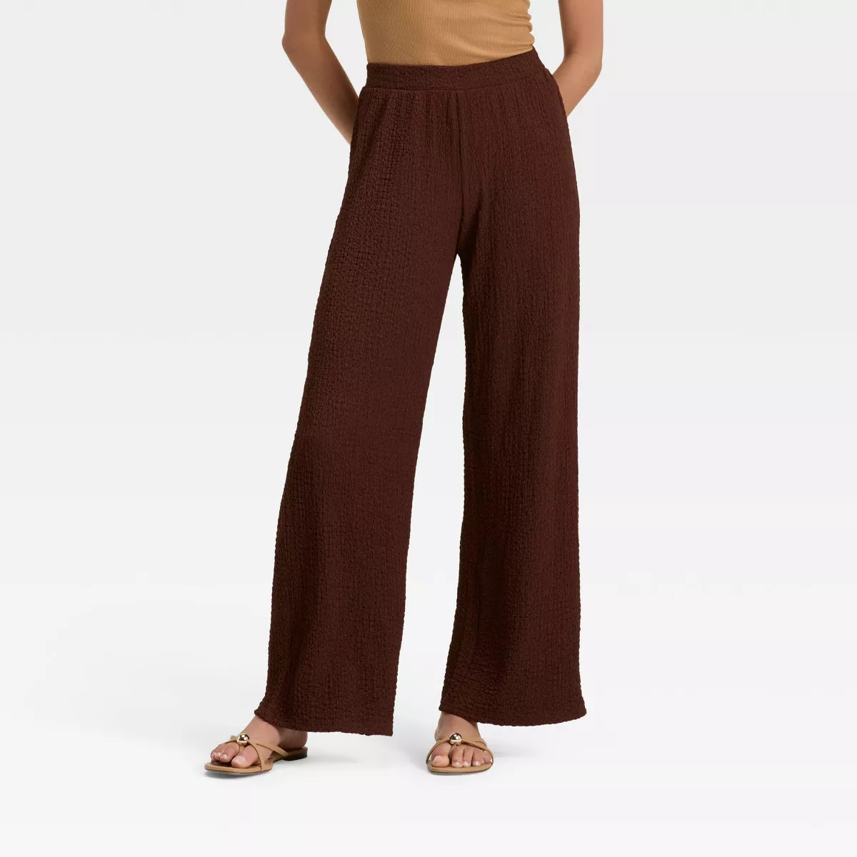Women's Mid-Rise Regular Fit Textured Pull-On Pants - A New Day™ Brown M | Target