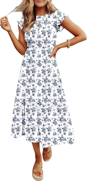 JASPAL Women's Casual Smocked Midi Dress Round Neck Elastic High Waist Flute Dresses Summer-M-Whi... | Amazon (US)