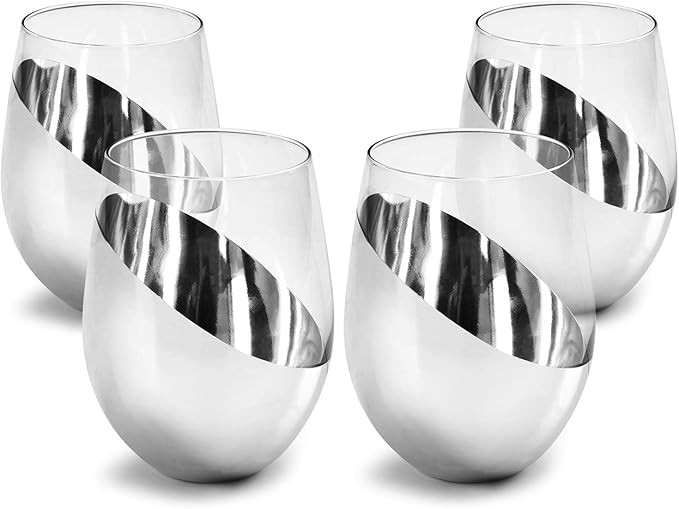 MyGift Premium Silver Stemless Wine Glasses Gift Set of 4 Modern Metallic Barware with Elegant Ac... | Amazon (US)