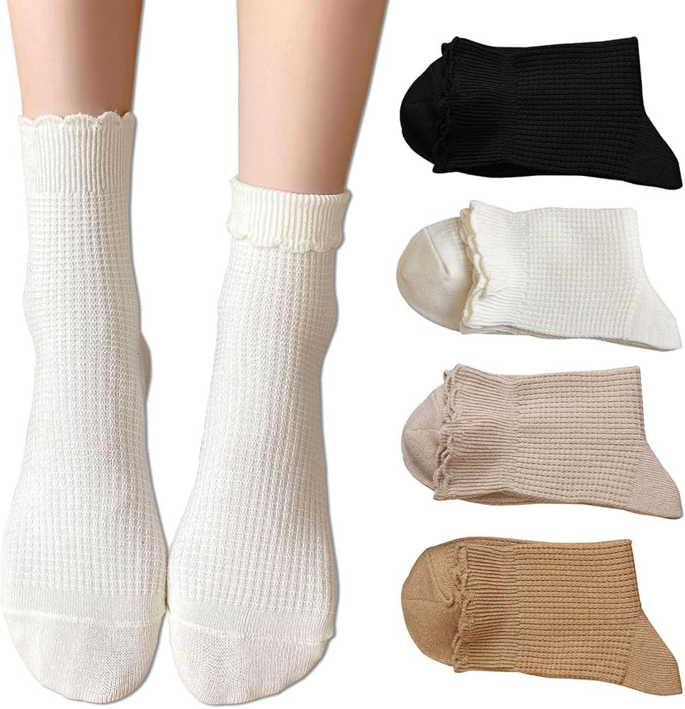 zrylibya Women Cute Ruffle Frilly Turn Cuff Ankle Socks Scalloped Pointelle Solid Casual Crew Soc... | Amazon (US)
