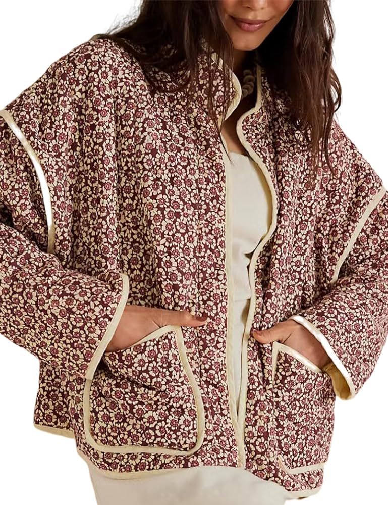 Wyeysyt Women's Cropped Puffer Jacket Lightweight Floral Print Long Sleeve Padded Quilted Puffy Cardigan Coat | Amazon (US)