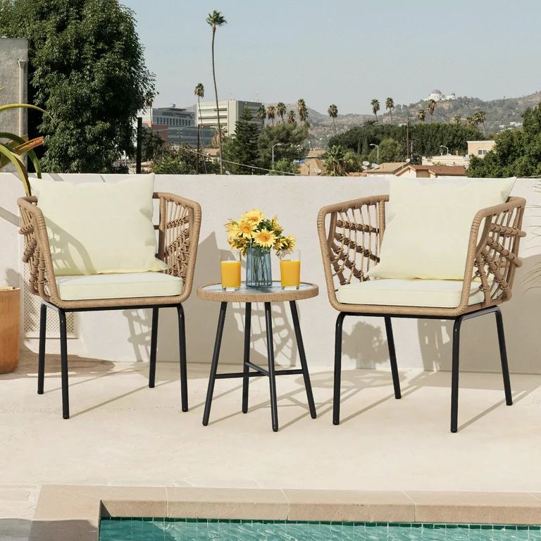 Dextrus 3-Piece Outdoor Patio Furniture Wicker Bistro Set, Chairs and Coffee Table, Outdoor Furnitur | Walmart (US)