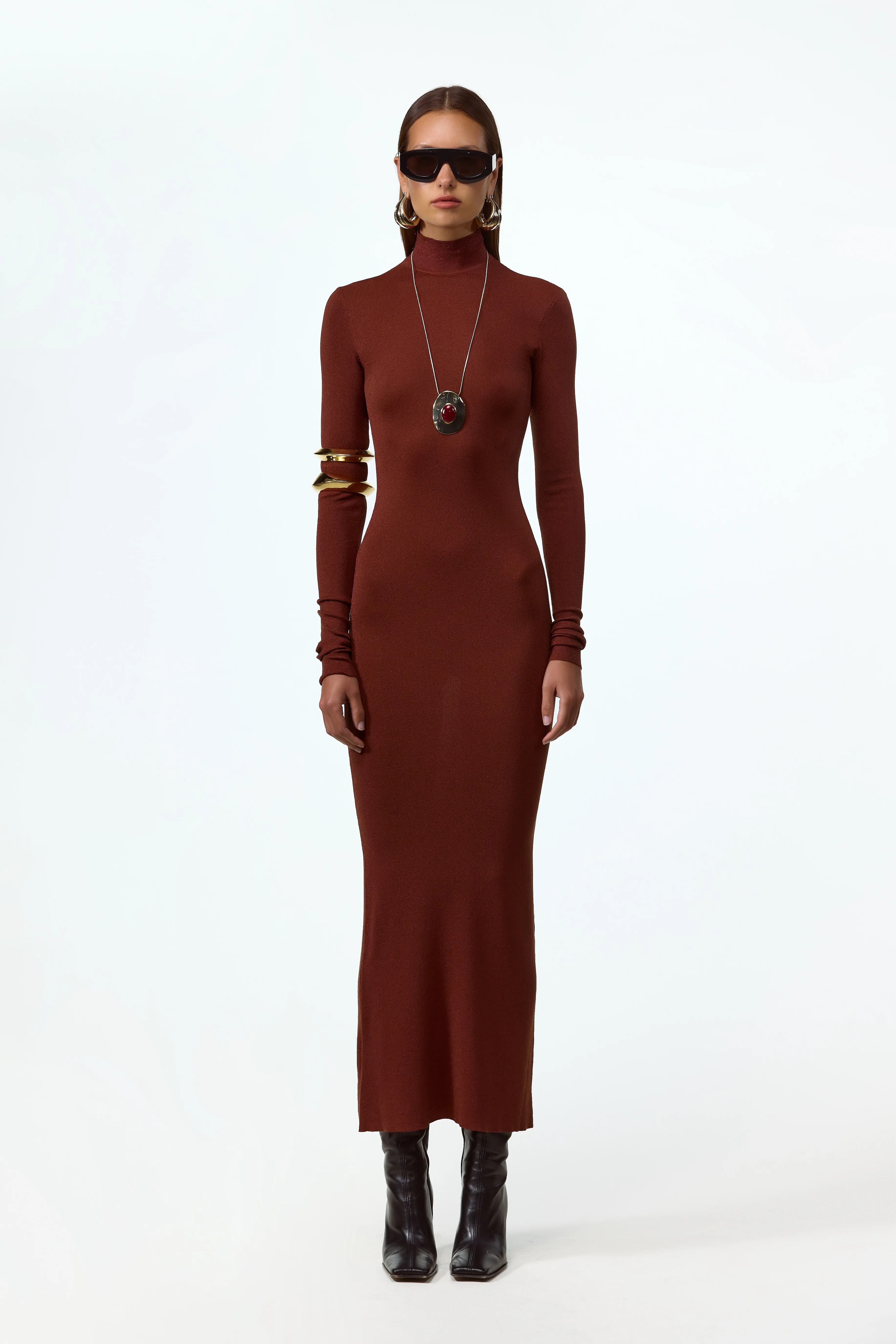 Shimmer Mockneck Dress (Rust) | SAME
