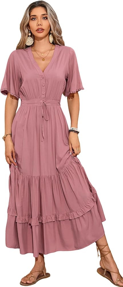 R.Vivimos Womens Summer Cotton Short Sleeve V Neck Floral Print Casual Bohemian Midi Dresses | Amazon (US)