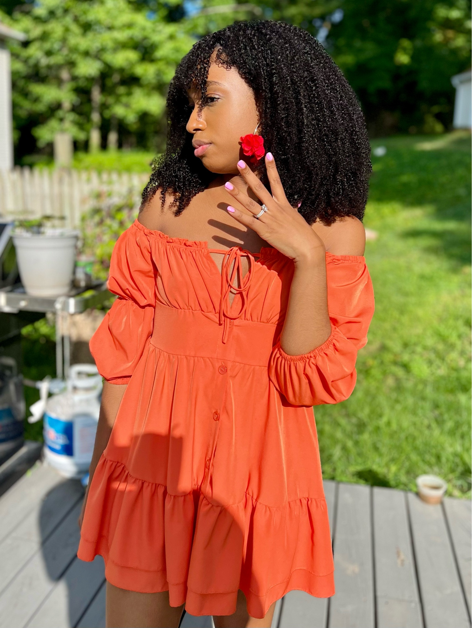 Really Cute Orange Off Shoulder Midi Dress (Size Small), Red Floral Hoop Earrings & Curly 20 In Wig With Bangs #summer #curlywig #offtheshoulderdress

#LTKSeasonal #LTKFindsUnder50
