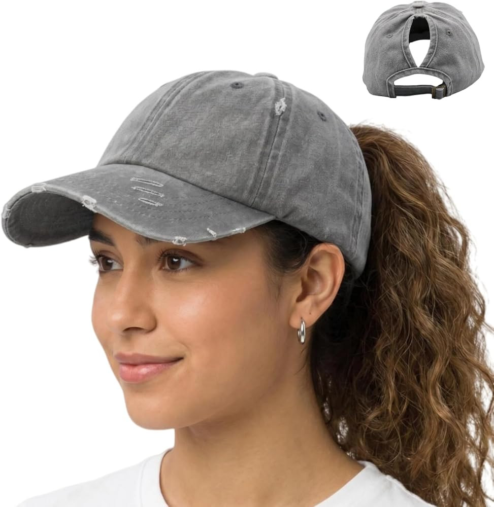 Womens High Ponytail Messy Bun Baseball Caps Distressed Unconstructed Hats | Amazon (US)