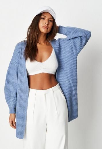 Missguided - Recycled Blue Tuck Sleeve Knit Cardigan | Missguided (US & CA)