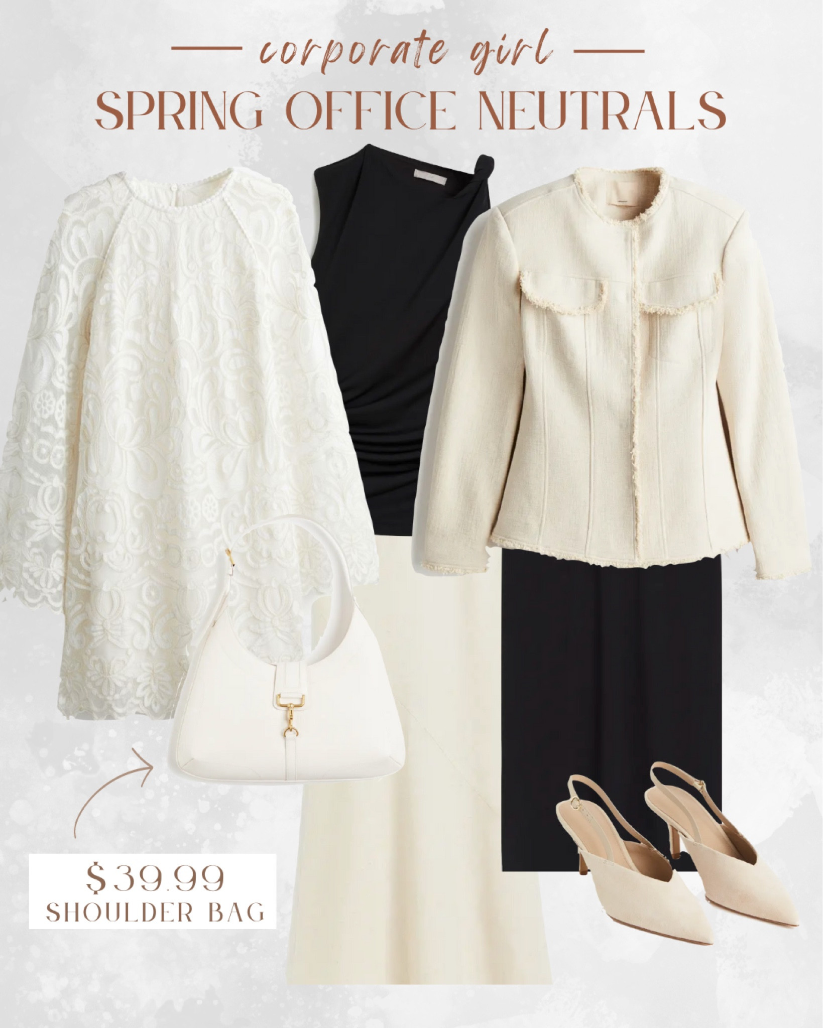Elevate your corporate office wardrobe with H&M's latest arrivals for spring! Transition seamlessly into the season with a versatile embroidered cream dress, complemented by a cream fringe-trimmed blazer for a polished look. Complete your corporate ensemble with a flared skirt and suede slingback pumps, while staying organized with a stylish shoulder bag under $50. Stay chic and professional with H&M! #HMNewArrivals #CorporateFashion #OfficeStyle

#LTKSpringSale #LTKworkwear #LTKSeasonal