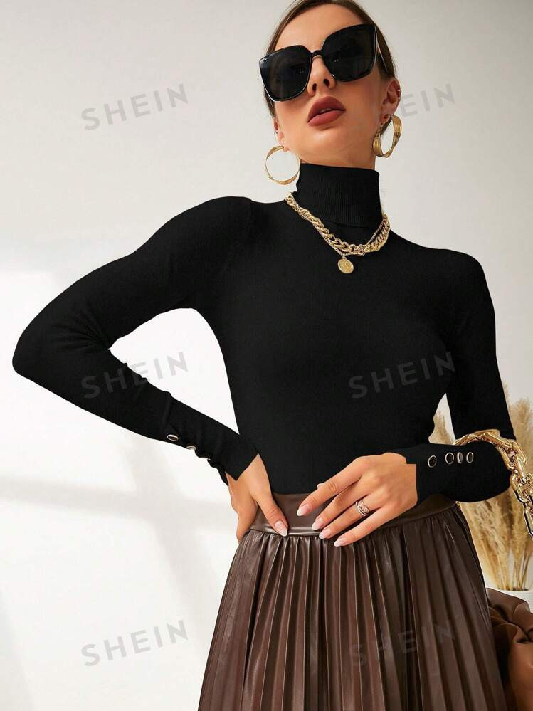 SHEIN Modely High Neck Button Detail Ribbed Knit Sweater,Long Sleeve Tops | SHEIN
