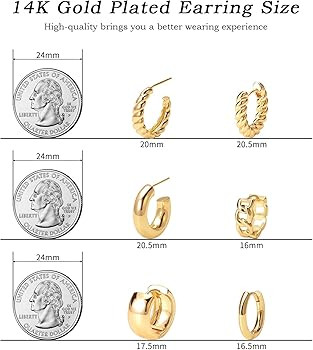 Gold Hoop Earrings Set 14k Gold Plated Huggie Earrings Hypoallergenic Chunky Twisted Thick Jewelr... | Amazon (US)