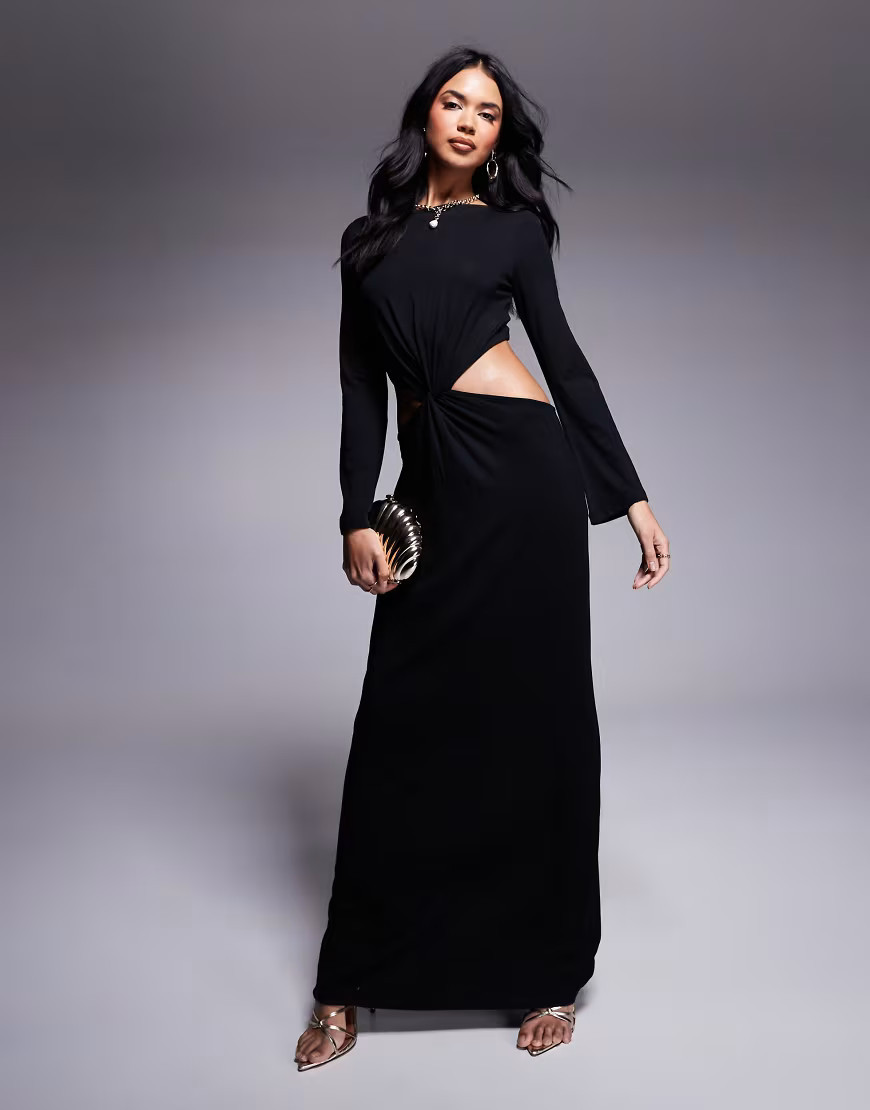 ASOS DESIGN long sleeve maxi dress with twist drape cut out waist in black | ASOS (Global)