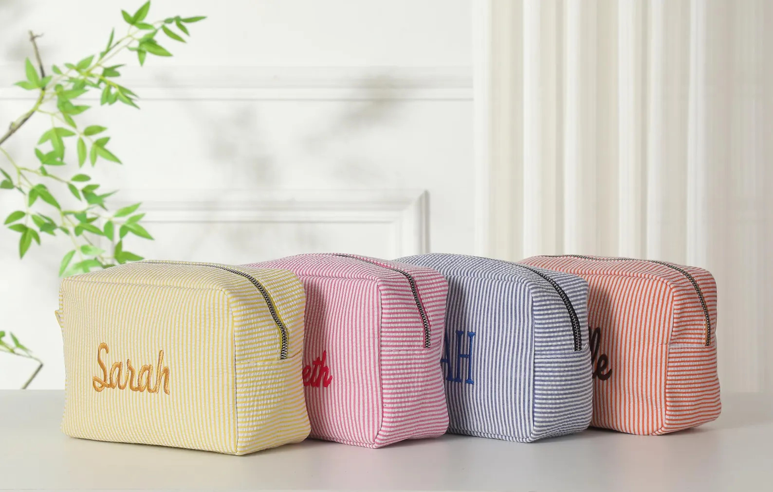 Monogrammed Seersucker Toiletry Bag: Custom Bridesmaid Makeup Bag | Etsy (US)