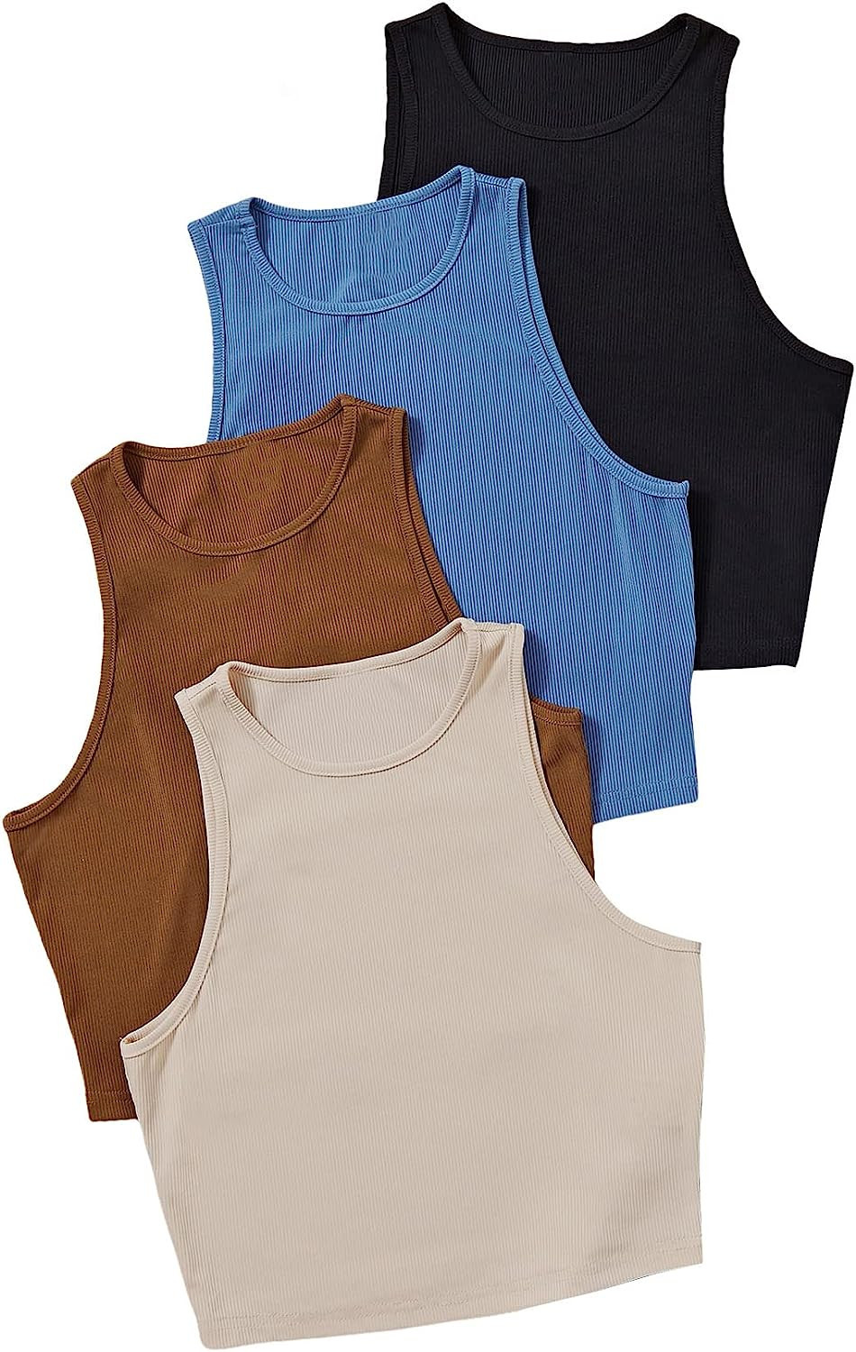 Cozyease Women's 4Packs Round Neck Crop Tank Tops Sleeveless Rib Knit Tops | Amazon (US)