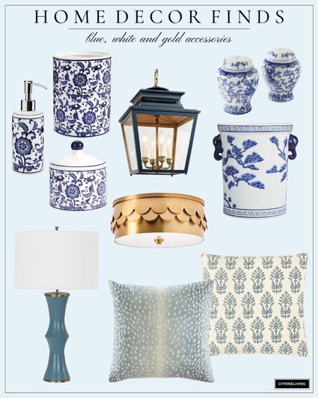 Gorgeous home decor finds in blue white and gold. Pillows, chinoiserie, champagne bucket, salt and pepper shakers, pendant light, lamp, flush mount light, brass lighting, bathroom accessories 

#LTKstyletip #LTKFind #LTKhome