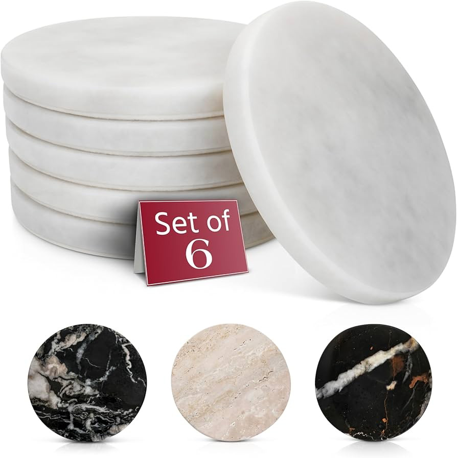 Gusto Nostro White Marble Coasters Set of 6 with Non-Slip Backing - Luxury Natural Stone Coasters... | Amazon (US)