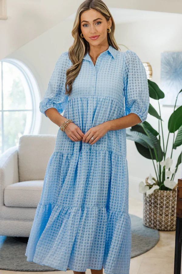 NURSING COLLECTION: Love Found Light Blue Gingham Tiered Midi Dress | The Mint Julep Boutique
