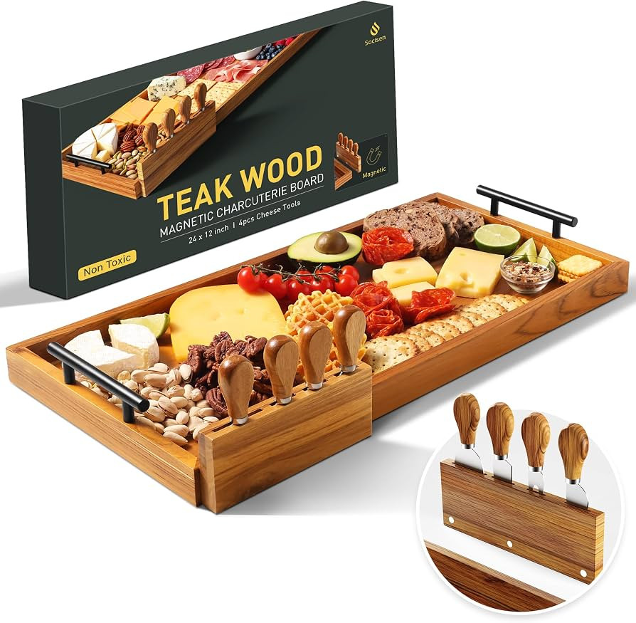 Socisen Teak 24 in Large Charcuterie Board with 4-Piece Cheese Knife Set | Amazon (US)