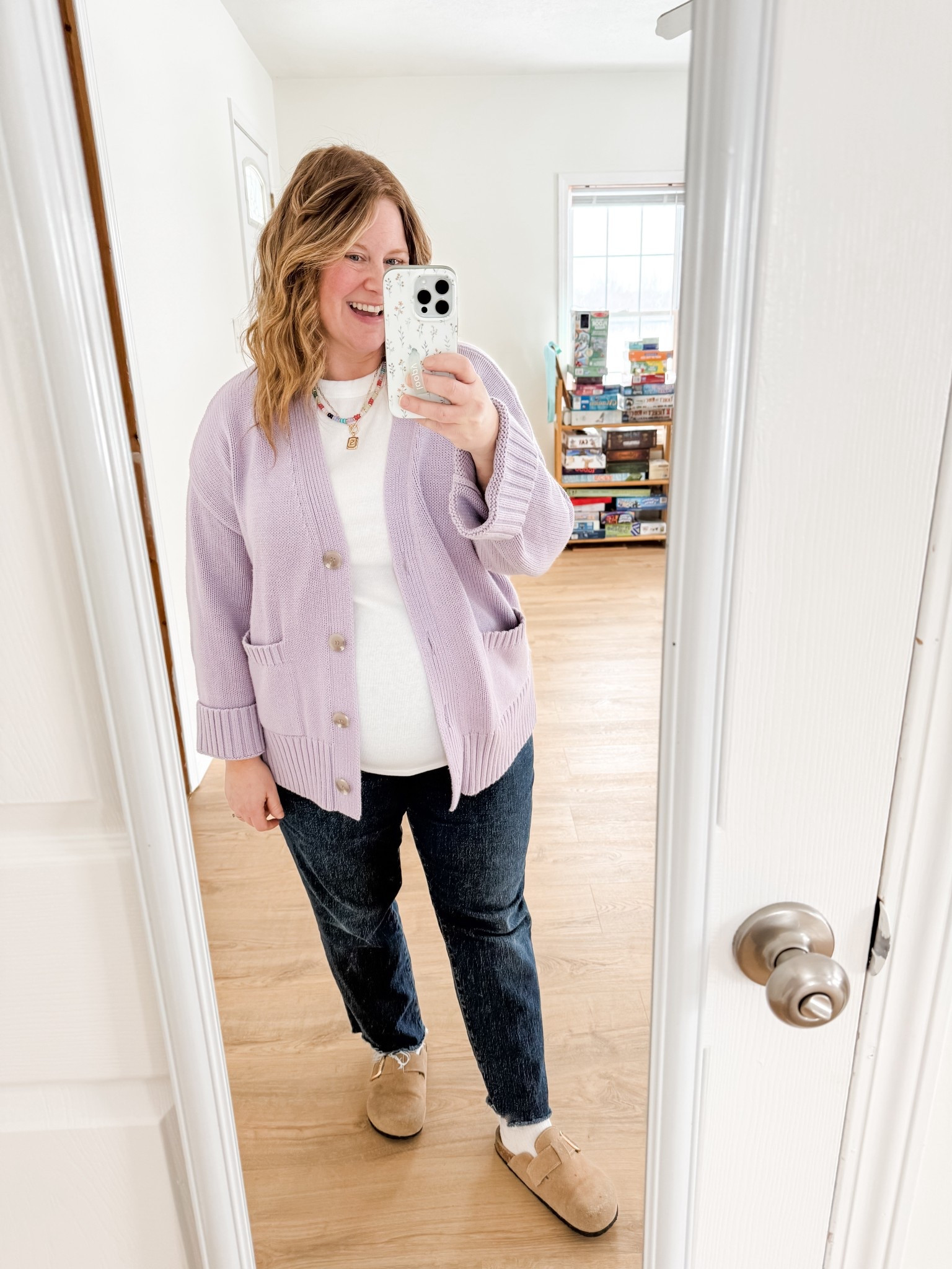 Wearing an XL in my tee (I’m wearing the maternity version but I also have and love the regular) and a 14 maternity in my jeans (I also have a 14 petite in the regular version of the jeans).  My cardigan is older and sold out so I linked a few similar ones.  

#LTKSeasonal #LTKMidsize #LTKBump