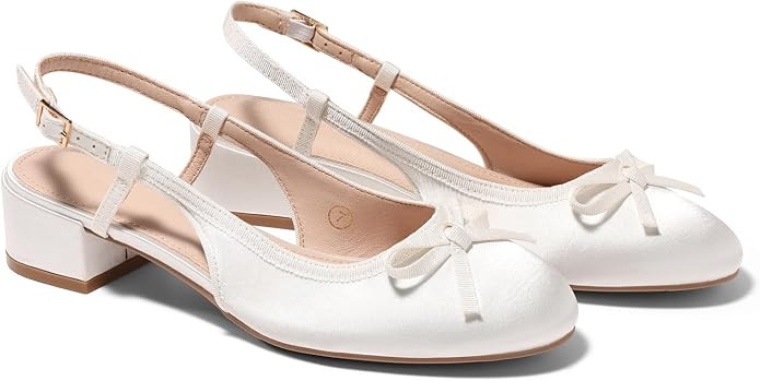 Coutgo Womens Chunky Low Heels Slingback Ballet Bow Pumps Closed Toe Wedding Dress Shoes | Amazon (US)